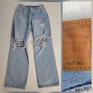 Levis Premium 501 90s Straight Jean Sz 25 High Rise Distressed Drapy Button Fly